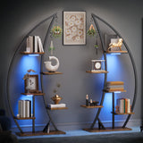 DWVO Tall Bookshelf with LED Light, Artistically Designed Crescent-Shaped Bookshelf with 10-Tier Shelves, Corner Bookcase Open Display Rack for Home Office, Bedroom DWVO