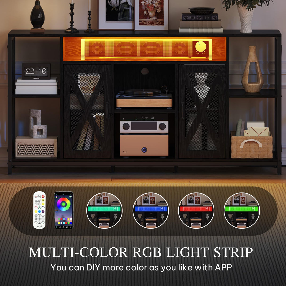 YITAHOME 33.5'' Tall TV Stands for Living Room, TV Entertainment Center with LED Light, TV Stand for TVs up to 70 Inch, Tall TV Console Cabinet with Power Outlets, Black YITAHOME