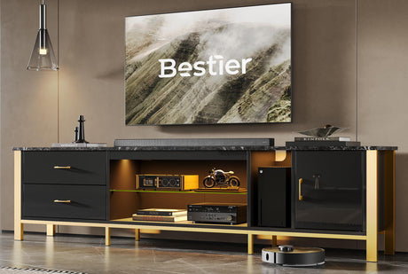 Bestier TV Stand for 75/80/85/90 Inch TV, LED Gaming Entertainment Center, Modern TV Cabinet with Glass Shelves for Living Room, 2 Storage Drawers & Cabinets for Bedroom, Black Glossy Bestier
