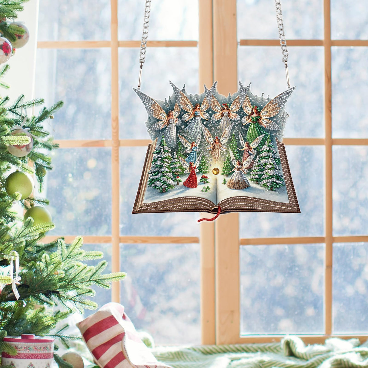 5D Christmas Diamond Painting Pendant Kit, Magic Book with Flying Elf and Snowy Forest, DIY Crystal Diamond Art Hanging Sign for Window, Door & Wall, Fantasy Home Decoration Gift, 24.1 x 20.4 cm AiYuanzsh