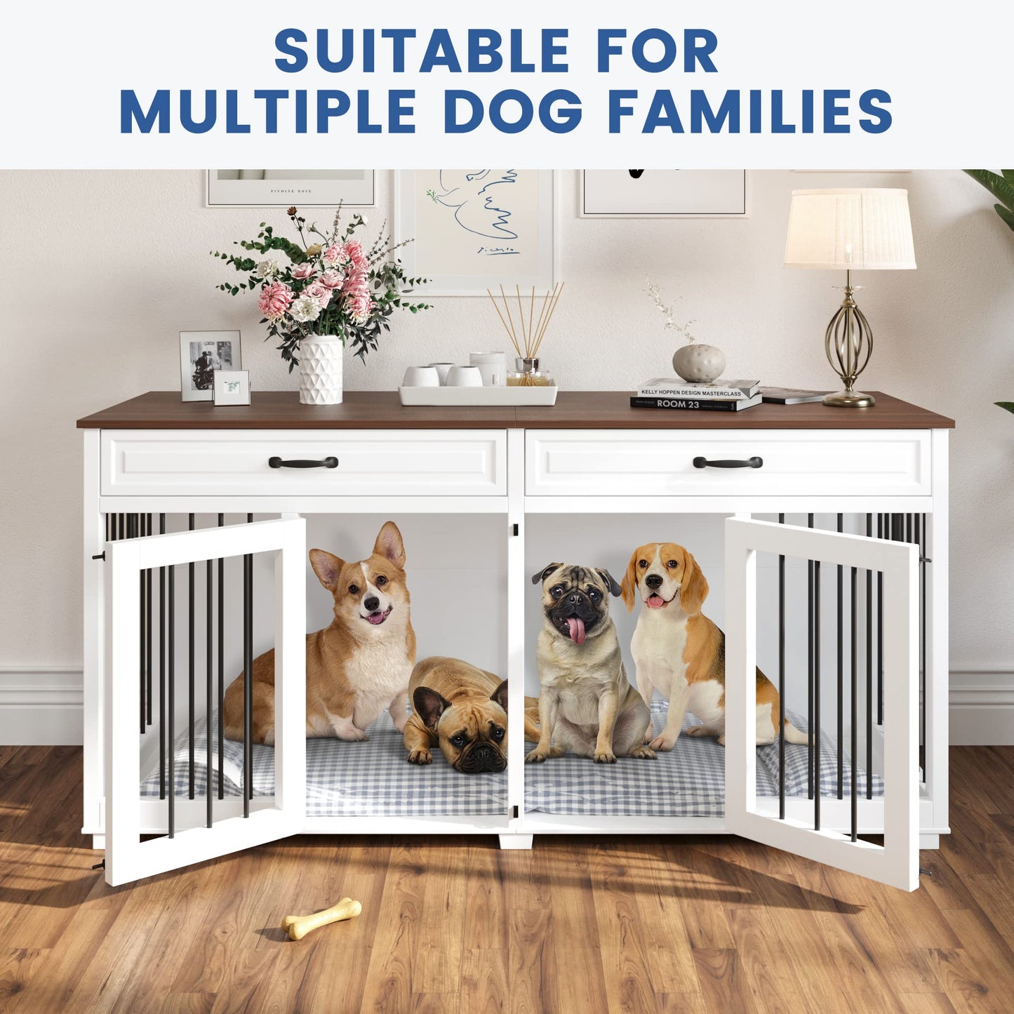 PIAOMTIEE Large Dog Crate Furniture, 64.6" Wooden Dog Crate Kennel with 2 Drawers and Divider, L Heavy Duty Dog Crates Cage Furniture for Medium Dog or 2 Small Dogs Indoor - WoodArtSupply