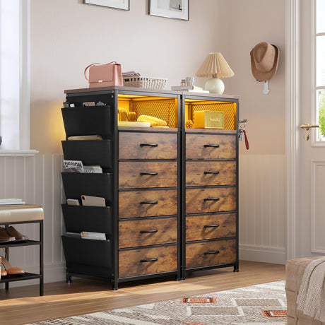 EnHomee Night Stand Set 2 with Charging Station, Tall Nightstand with 5 Drawers, LED Nightstands with USB Ports & Outlets, Night Stands with Extra Side Bag & Hooks, Side Table, Dresser, Bedroom, Brown EnHomee