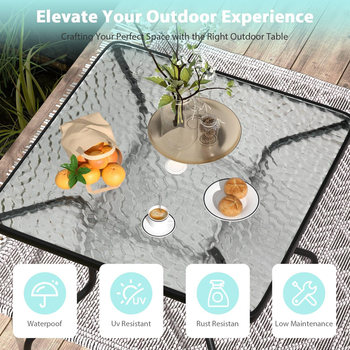 Square Outdoor Table, Patio Table with Umbrella Hole, Patio Dining Table with Tempered Glass, Outdoor Dining Tables, Square Patio Table for Balcony, Backyard, Poolside, Sunroom, Patio Tables, Black MKDLUFEI