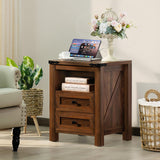 Joaxswe Nightstand with Charging Station and USB Port, Farmhouse Side End Table with 2 Drawers and Open Shelf, Wood Rustic Sofa Table, Bedside Cabinet for Bedroom, Living Room, Closet, Office(Brown) Joaxswe