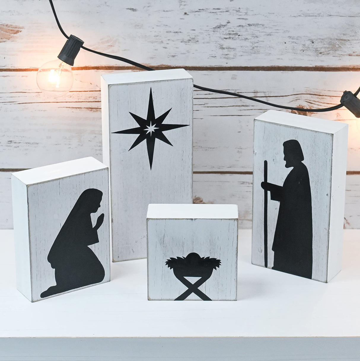 Ornativity Wooden Block Nativity Scene - Black Xmas Silhouette Christmas Figures on White Painted Wood Blocks Indoor Nativity Table Top Shelf Sitter Mantle Centerpiece Set Decorations - 1 set Ornativity