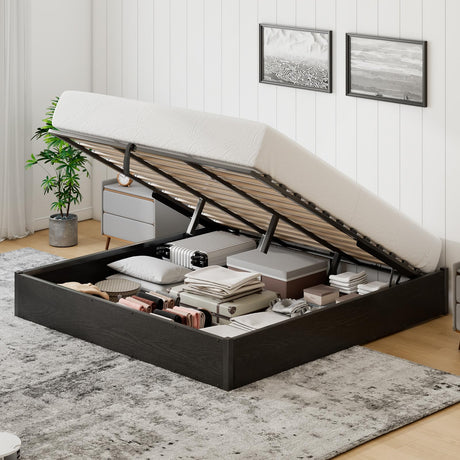 YUMPIE Lift Up Storage Bed Frame, King Size Wooden Platform Bed with Large Storage Underneath, No Box Spring Needed, Noise Free, Black YUMPIE