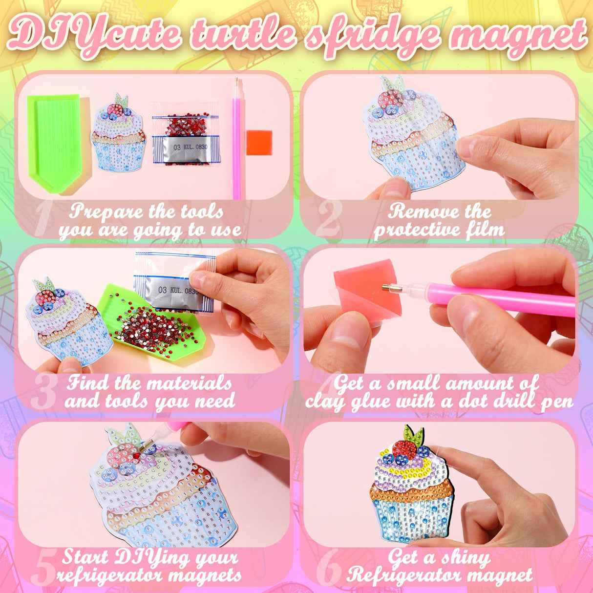 Remuuly 30 Pcs Diamond Painting Magnets Summer Diamond Art Magnet Kits for Adults Spring Flower Animal Cupcake 5D Rhinestones Refrigerator Magnetic Stickers for Fridge DIY Crafts Gifts(Cupcake) Remuuly