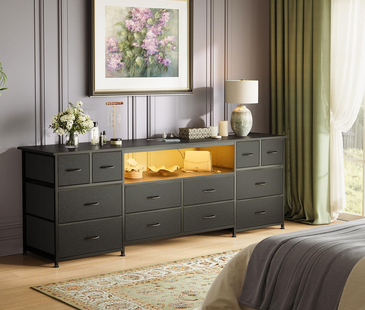 Huuger 63 Inch Dresser TV Stand with LED Lights, Power Outlets and USB-C Port, 12 Fabric Drawer Dresser for Bedroom, Wide Entertainment Center for 65, 70 Inch TV, Open Shelf, Black Huuger