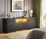Huuger 63 Inch Dresser TV Stand with LED Lights, Power Outlets and USB-C Port, 12 Fabric Drawer Dresser for Bedroom, Wide Entertainment Center for 65, 70 Inch TV, Open Shelf, Black Huuger