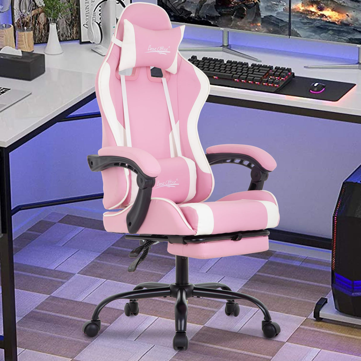 PayLessHere Ergonomic Racing Desk Chair Computer Chair Gaming Chair with Footrest Lumbar Support Headrest Armrest Task Rolling Swivel Ergonomic E-Sports Adjustable PC Gamer Chair (Pink) PayLessHere