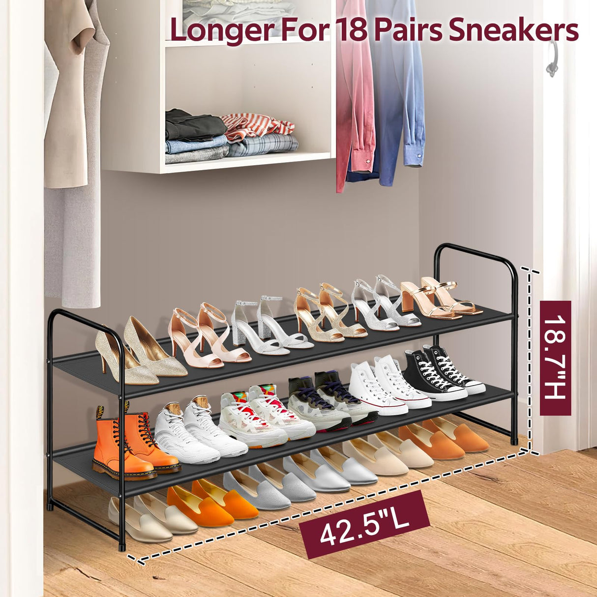 SLEEPING LAMB Long 2-Tier Shoe Organizer for Closet, Stackable Wide Shoe Rack Holds 18-Pairs Low Shoe Shelf Storage for Bedroom, Floor, Entryway(Black) SLEEPING LAMB