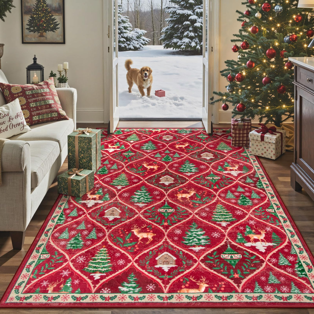 Lahome Christmas Living Room Rug, 5x7 Print Christmas Reindeer Rugs for Bedroom Aesthetic Large Washable Carpet, Soft Xmas Tree Stain Resistance Dining Room Carpets for Under Table (Red) Lahome