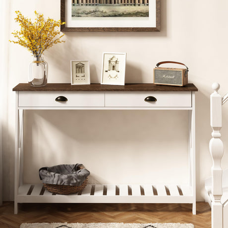 ChooChoo 47" Farmhouse Console Table with Drawer for Entryway, Narrow Long Entry Table with Shelf for Living Room, Rustic Vintage Hallway Sofa Table with Stable X Supports, White ChooChoo