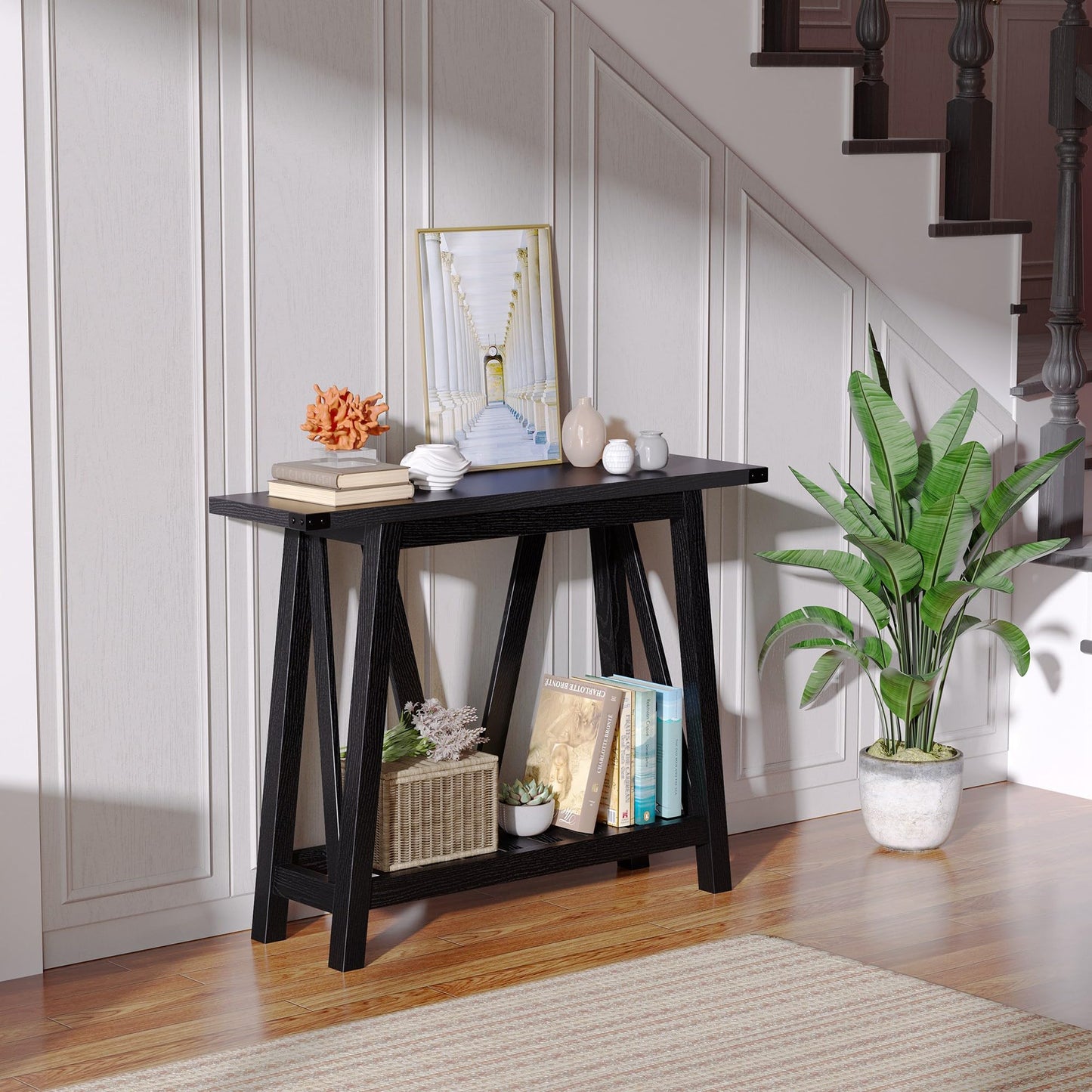 JOINHOM Farmhouse Console Table for Entryway - Wood Entryway Tables with Shelves, Sofa Table for Entryway, Living Room, Black - WoodArtSupply