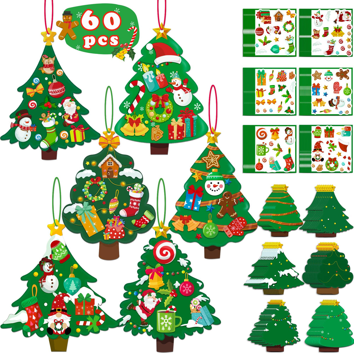 80UncleKimby 60pcs Christmas Crafts for Kids - DIY Xmas Tree Ornaments with Sticker Kits - Set for Holiday Decorations, Party Favors, and Classroom Activities 80UncleKimby