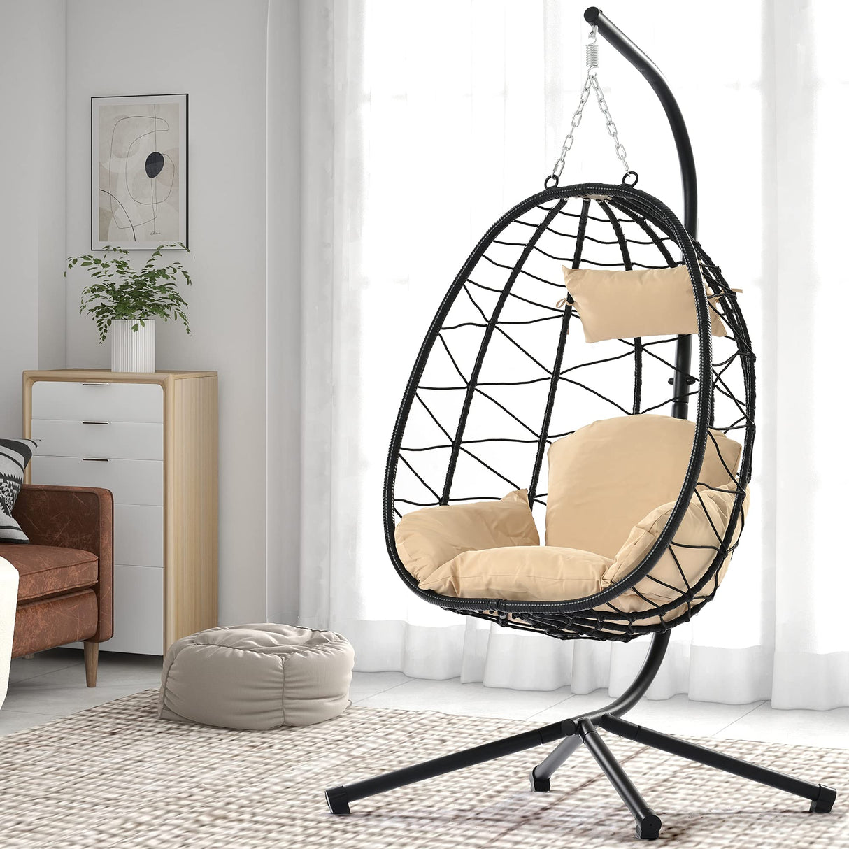 Indoor Outdoor Egg Hanging Chair with Stand, Patio Wicker Outdoor Swings for Adults 350lbs Capacity Hammock Egg Chair with Strong Frame & Soft Cushions for Patio, Bedroom, Balcony, Porch, Yard, Black Ziraukon