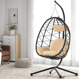 Indoor Outdoor Egg Hanging Chair with Stand, Patio Wicker Outdoor Swings for Adults 350lbs Capacity Hammock Egg Chair with Strong Frame & Soft Cushions for Patio, Bedroom, Balcony, Porch, Yard, Black Ziraukon