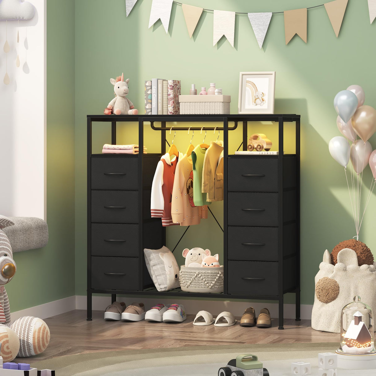 HIGDBFE 8 Drawers Dresser with Hanging Rack, Led Dresser with Charging Station, Kids Dressers with Clothes Rack Open Shelves, Chest of Drawers with Wooden Top for Bedroom, Kids Room, Black HIGDBFE