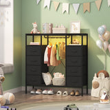 HIGDBFE 8 Drawers Dresser with Hanging Rack, Led Dresser with Charging Station, Kids Dressers with Clothes Rack Open Shelves, Chest of Drawers with Wooden Top for Bedroom, Kids Room, Black HIGDBFE
