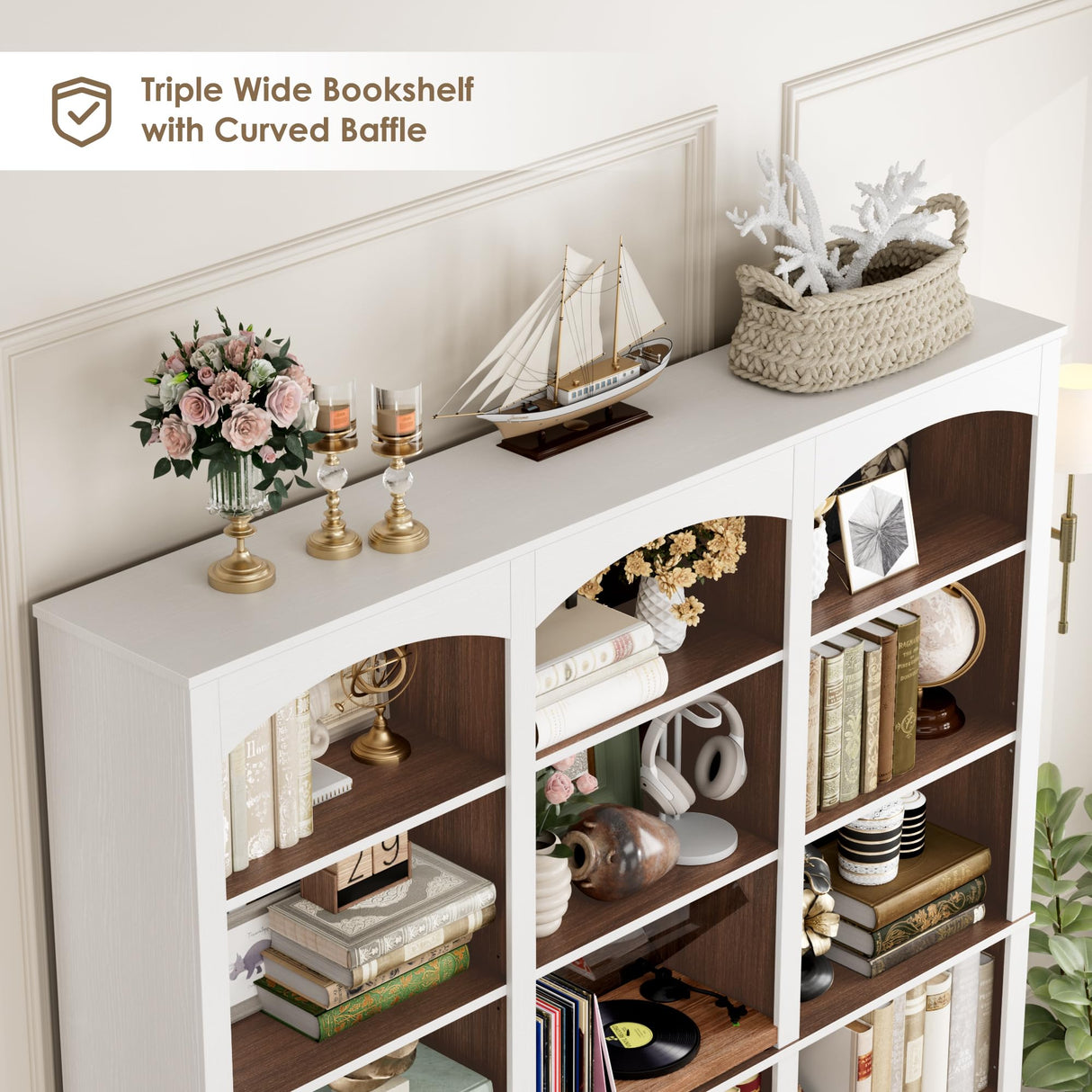 FACBOTALL 71" Triple Wide Bookshelf, 6 Tier Tall Bookshelf, Large Bookcase with Curved Baffle, 63.4" Wide Book Shelf with 18 Open Display Shelves for Living Room, Study, Walnut and White FACBOTALL