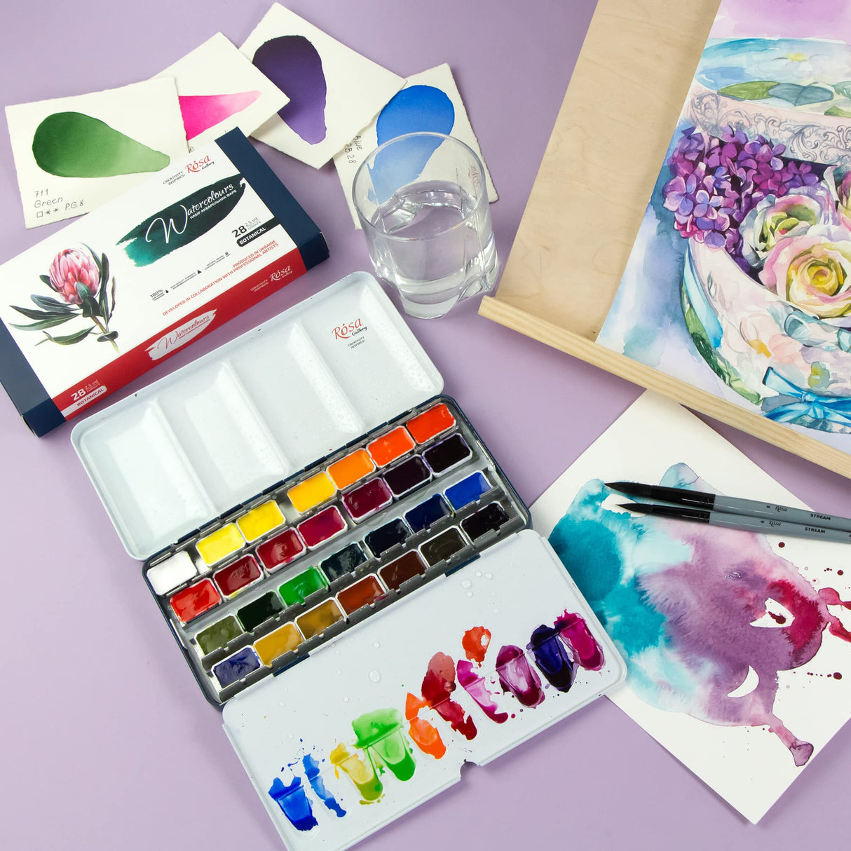 ROSA Gallery Botanical Watercolor Paint Set, Vibrant Kit Designed by Professional Artists, Washable, High Lightfastness Pigments, Made in Ukraine, Packed in Metal Paint Box, 28 Ct. Rosa Gallery