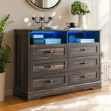 Homkdom Dressers for Bedroom,6 Drawers Dresser with LED Light,Power Outlets and Open Shelves,Chests of Drawers for 65 inch TV, for Hallway, Entryway, Dark Rustic Oak Homkdom