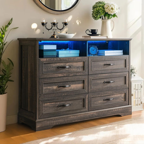 Homkdom Dressers for Bedroom,6 Drawers Dresser with LED Light,Power Outlets and Open Shelves,Chests of Drawers for 65 inch TV, for Hallway, Entryway, Dark Rustic Oak Homkdom