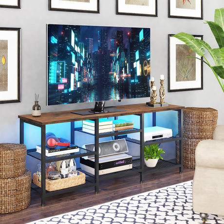 YGEOMER TV Stand for 55 inch TVs, Entertainment Center with Movable Shelf Panels, Power Outlet and LED Lights Open Storage Shelves, TV Media Console Table for Living Room and Bedroom, Rustic Brown YGEOMER