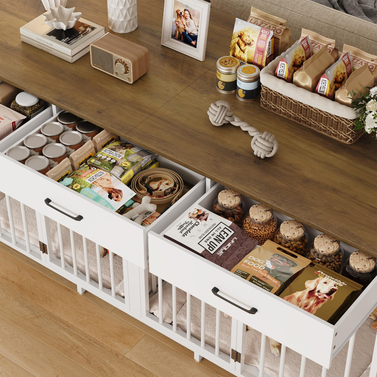 HOSTACK Double Dog Crates Furniture, 71" Wide Indoor Dog Kennel with 3 Drawers, Farmhouse Dog Cage for 2 Large/Medium Dogs, Heavy Duty Dog Crate with Removable Room Divider, Wooden Pet House, White HOSTACK