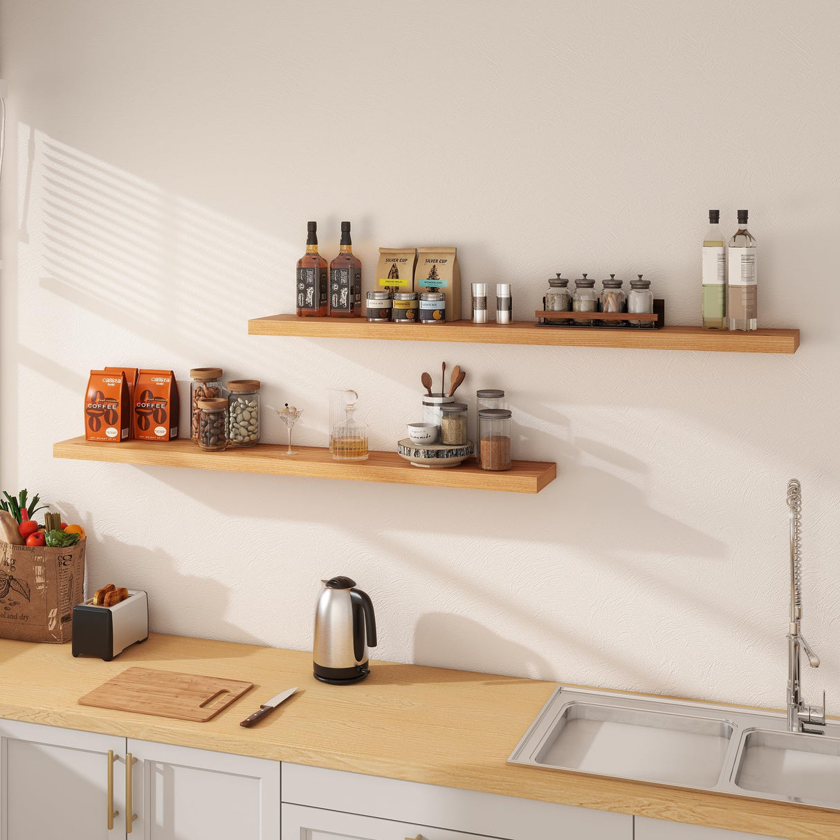 Fun Memories 55 Inch Fireplace Mantel Shelf, Wood Floating Shelves Wall Mounted, Wall Shelves with Invisible Bracket for Living Room Bathroom Bedroom Kitchen, Set of 1 (Natural, 55"x 8") Fun Memories