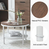 VINGLI 25.6" Rustic Oak White Round Farmhouse Coffee Table, 2-Tier Storage Wood Center Circle Accent Table for Living Room, Bedroom, Apartment, Studio and Small Spaces, Sturdy Metal Frame VINGLI