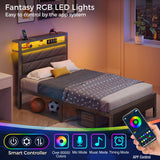 Seventable Bed Frame Twin Size with Charging Station, LED Bed with Upholstered Storage Headboard, Metal Platform Bed with Under Bed Storage, No Box Spring Needed, Noise Free, Easy Assembly, Grey Seventable