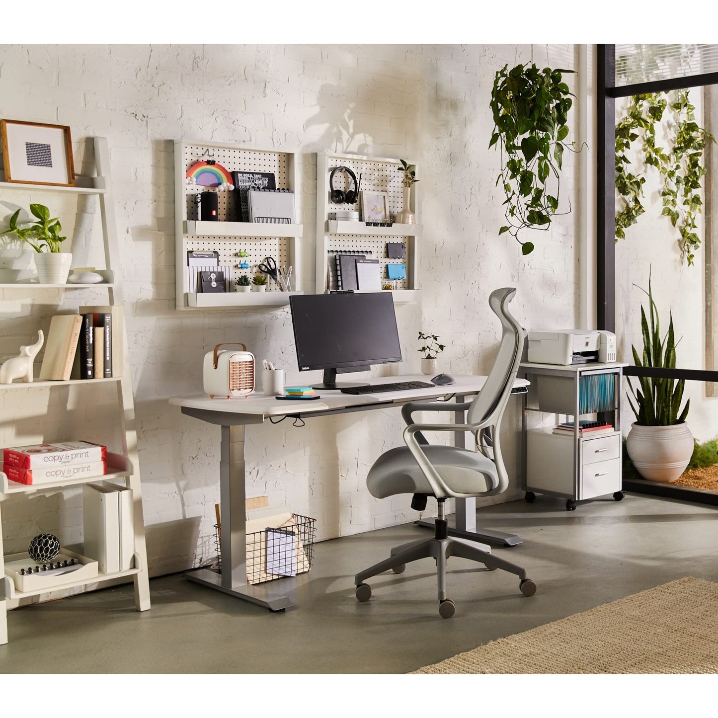 WorkPro® Electric Height-Adjustable Standing Desk with Wireless Charging, 60", White - WoodArtSupply