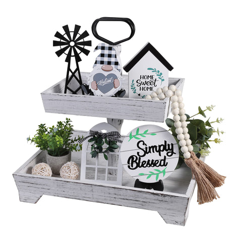 Eufrozy 11pcs Farmhouse Tiered Tray Decor Set, Rustic Tier Tray Decorations with Black and White Buffalo Plaid Gnome Ornaments Wooden Home Sweet Home Sign for Kitchen Table Decor Summer Housewarming Eufrozy