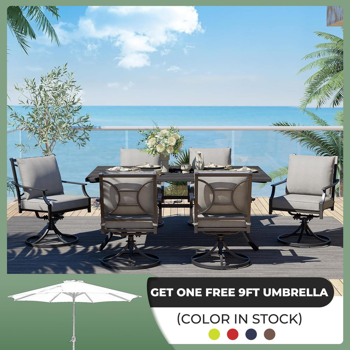 Grand patio 7-Piece Outdoor Dining Set for 6 E-Coated Patio Dining Furniture Set for 6 Patio Swivel Dining Chairs with Olefin Cushions 1 Rectangular Dining Faux Woodgrain Table with Umbrella Hole Grey Grand patio