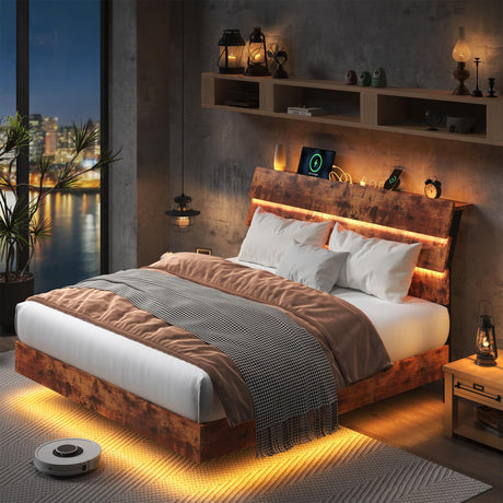 Feonase Floating Bed Frame Full with Led Lights and Charging Station, Wood Full Size Bed Frame with Storage Headboard, Heavy Duty Metal Slats, No Box Spring Needed, Easy Assembly, Vintage Brown Feonase