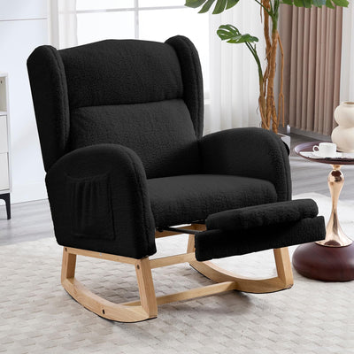 NIOIIKIT Nursery Rocking Chair with Footrest, Teddy Upholstered Glider Chair, Nursery Gliding Recliner with Side Pocket, Glider Rocker for Living Room (Black Teddy)