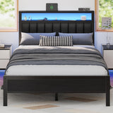 Furnulem Full Size Bed Frame with Charging Station and LED Lights, Platform Bed with Metal Slats, Grey Upholstered Headboard with 2-Tier Storage Shelves, No Box Spring Needed Furnulem