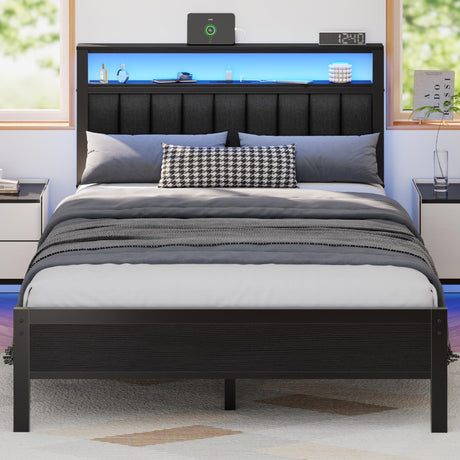 Furnulem Full Size Bed Frame with Charging Station and LED Lights, Platform Bed with Metal Slats, Grey Upholstered Headboard with 2-Tier Storage Shelves, No Box Spring Needed Furnulem