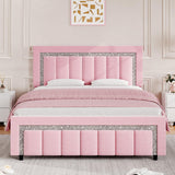 HOMBCK Full Size Bed Frame, Velvet Upholstered Bed Frame with Diamond Tufted Headboard and Footboard, Pink Bed Frame Full, Vertical Channel Tufted Design, No Box Spring Needed, Easy Assembly, Pink HOMBCK