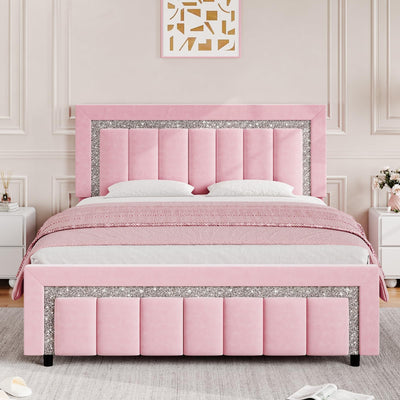 HOMBCK Full Size Bed Frame, Velvet Upholstered Bed Frame with Diamond Tufted Headboard and Footboard, Pink Bed Frame Full, Vertical Channel Tufted Design, No Box Spring Needed, Easy Assembly, Pink