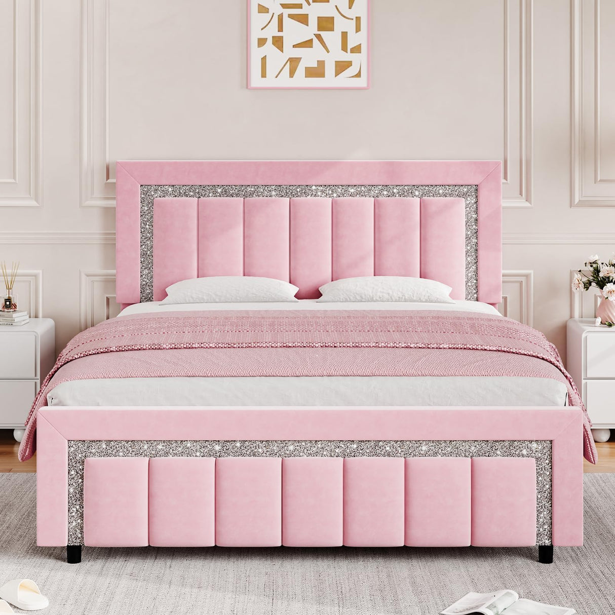 HOMBCK Queen Bed Frame, Pink Upholstered Bed Frame with Velvet Diamond Headboard, Soft Bed Frame, Vertical Channel Tufted Headboard and Footboard, No Box Spring Needed, Easy Assembly, Pink HOMBCK