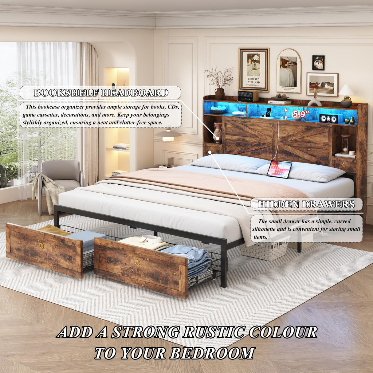 TIGUBFRE King Size Bed Frames with Storage Headboard and 4 Drawers, Farmhouse Platform Bed Frame with Charging Station & LED Lights, Metal Slats Support, Noise Free, No Box Spring Needed, Rustic Brown TIGUBFRE