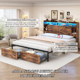 TIGUBFRE King Size Bed Frames with Storage Headboard and 4 Drawers, Farmhouse Platform Bed Frame with Charging Station & LED Lights, Metal Slats Support, Noise Free, No Box Spring Needed, Rustic Brown TIGUBFRE