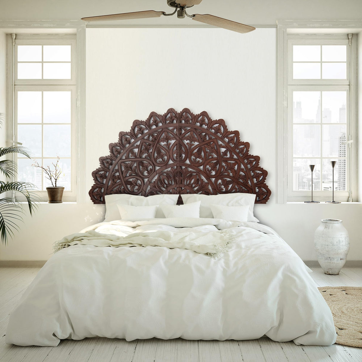 Half Moon King Wood Headboard Rustic | Carved Full Headboard Only | Wooden Headboard Full Size Bed | Wall Mount Headboard King | Full Bed Headboard Panels (Mahkota Dark Brown, Cal King) KultureDeco