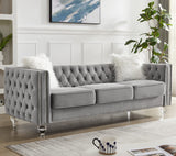 mikibama Velvet 3 Seater Sofa Couch with Buttons and Square Arms 83.07 Inch Tufted 3-seat Sofas with Trimmed Nailhead and Acrylic Legs Modern Couches for Living Room,Bedroom(Grey-Crystal Legs, Sofa) mikibama