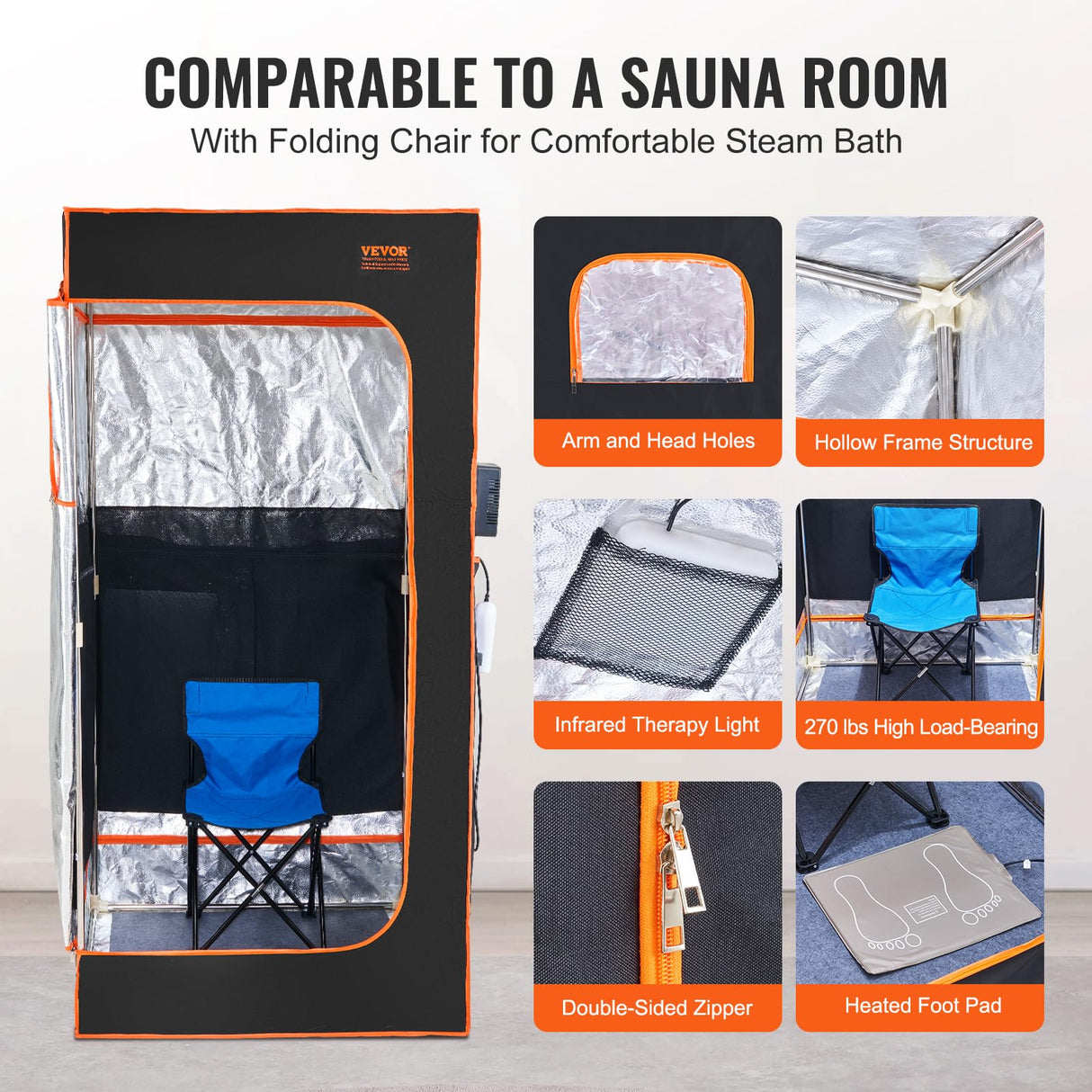 VEVOR Infrared Portable Sauna Tent, 1400W Personal Sauna Kit for Home Spa Heated Body Therapy, Time & Temperature Remote Control with Chair & Floor Mat & Storage Bag, Black, 2.9’x 2.9’x 5.8’ VEVOR