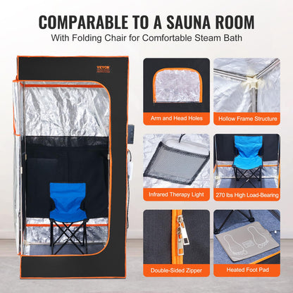 VEVOR Infrared Portable Sauna Tent, 1400W Personal Sauna Kit for Home Spa Heated Body Therapy, Time & Temperature Remote Control with Chair & Floor Mat & Storage Bag, Black, 2.9’x 2.9’x 5.8’