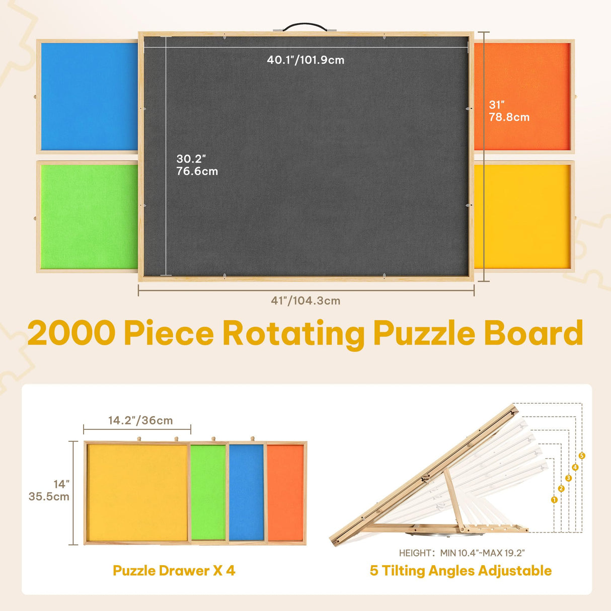 DWVO 2 in 1 Puzzle Board with Drawers, 2000 Pieces Tilting Puzzle Board with Spinning Lazy Susan, Rotating Puzzle Table with Drawers and Cover, Wooden Jigsaw Table for Puzzle Enthusiasts DWVO