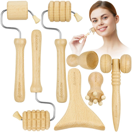 COZLOW Wood Therapy Facial Massage Tools (7 Piece Set), Gua Sha Wooden Face Massager Kit for Face Lifting, Lymphatic Drainage, Skin Care & Anti-Aging COZLOW